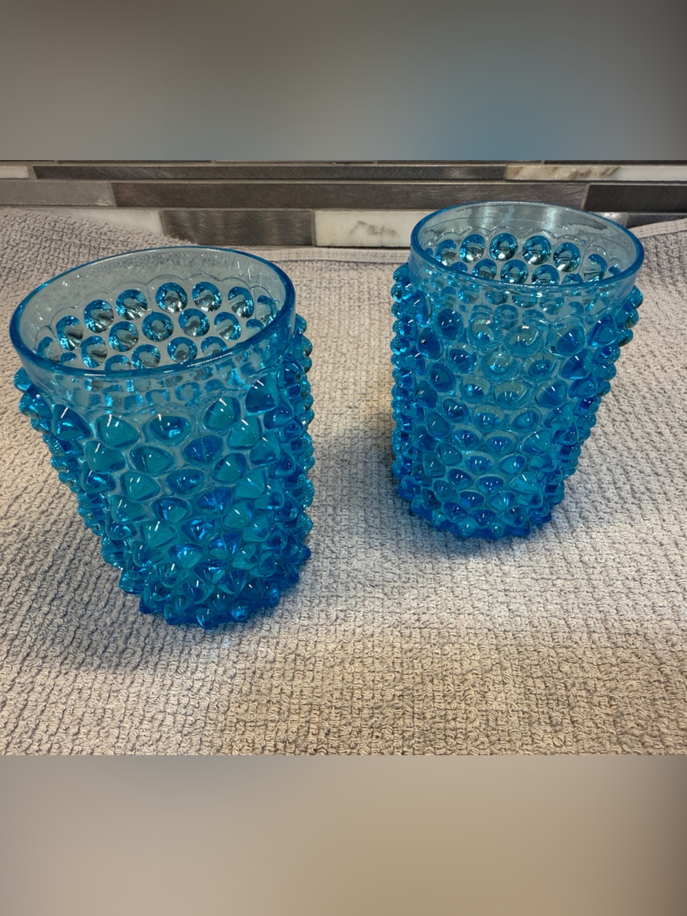 Blue Hobnail Glass Tumbler Set - Textured Drinking Glasses